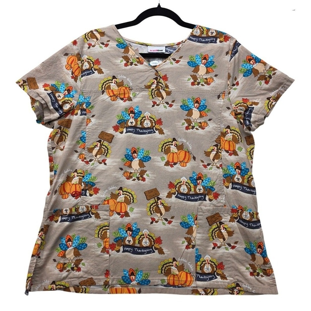 Scrubstar Womens Thanksgiving Turkey Pumpkin Scrub Top V-Neck Tan Size Large